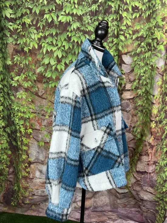ZARA Blue and White Shaggy Plaid Button Front Casual Jacket, L - Picture 9 of 11